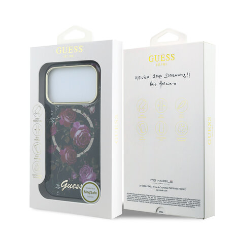 Guess Guess iPhone 18 Pro Max Coque structure rigide - MagSafe - IML - paillettes - Blossom Roses Noir Guess Guess iPhone 18 Pro Max Coque structure rigide - MagSafe - IML - paillettes - Blossom Roses Noir