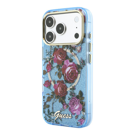 Guess Guess iPhone 18 Pro Case hard shell - MagSafe - IML - glitter - Blossom Roses Light blue