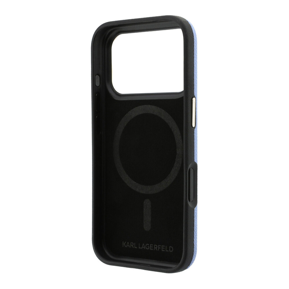 Karl Lagerfeld Karl iPhone 18 Pro Hoesje harde behuizing - MagSafe - SW - generfd PU - signatuurlogo van hars Lichtblauw Karl Lagerfeld Karl iPhone 18 Pro Hoesje harde behuizing - MagSafe - SW - generfd PU - signatuurlogo van hars Lichtblauw