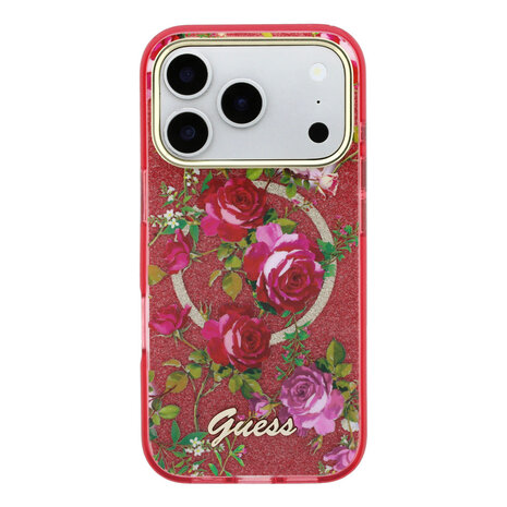 Guess Guess iPhone 18 Pro Hoesje harde behuizing - MagSafe - IML - glitter - Blossom Roses Bordeauxrood