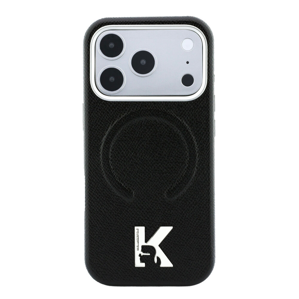 Karl Lagerfeld Karl iPhone 18 Pro Hoesje harde behuizing - MagSafe - SW - generfd PU - ring in reliëf - Kameo-logo Zwart