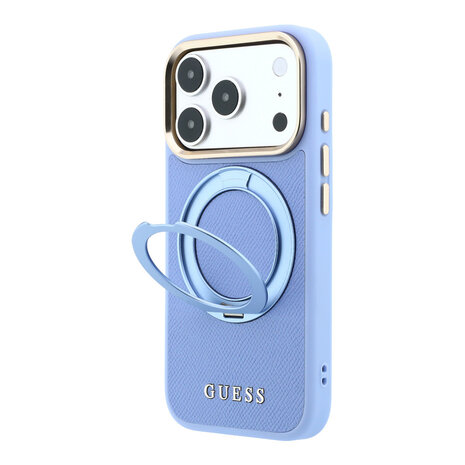 Guess Guess iPhone 18 Pro Max Hoesje harde behuizing - MagSafe - ringstandaard 360 - generfd PU - klassiek logo Lichtblauw Guess Guess iPhone 18 Pro Max Hoesje harde behuizing - MagSafe - ringstandaard 360 - generfd PU - klassiek logo Lichtblauw