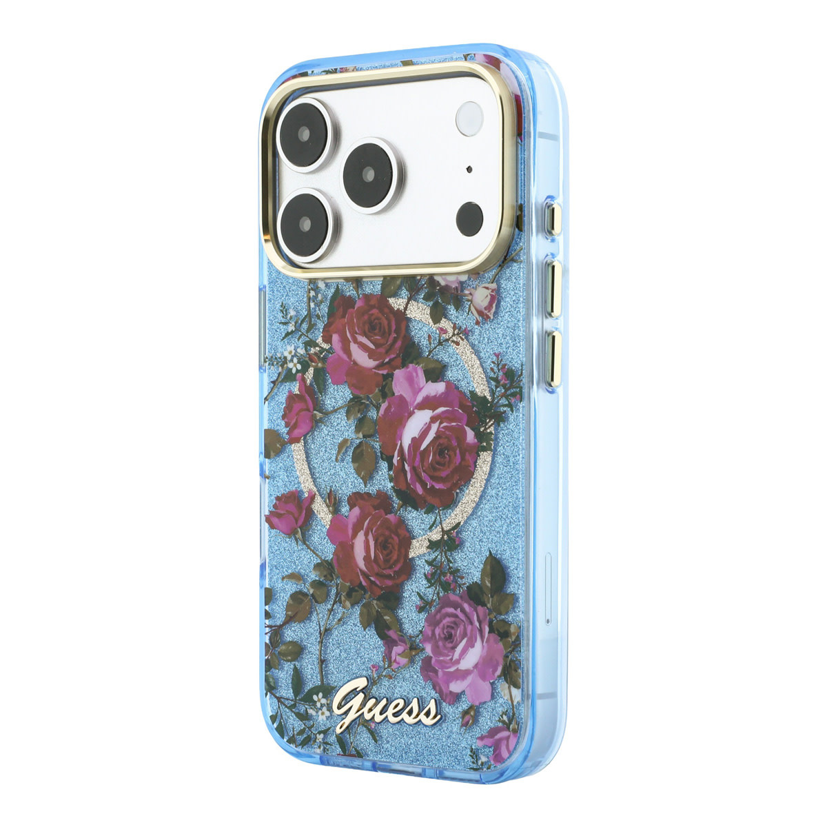 Guess Guess iPhone 18 Pro Max Hoesje harde behuizing - MagSafe - IML - glitter - Blossom Roses Lichtblauw, foto 2 van 6