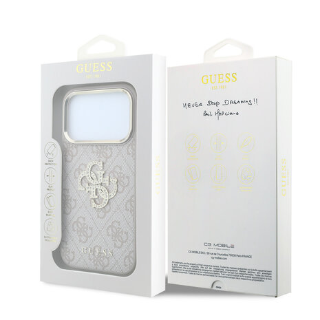 Guess Guess iPhone 18 Pro Max Coque structure rigide - 4G - PU - grand logo en strass Rose Guess Guess iPhone 18 Pro Max Coque structure rigide - 4G - PU - grand logo en strass Rose