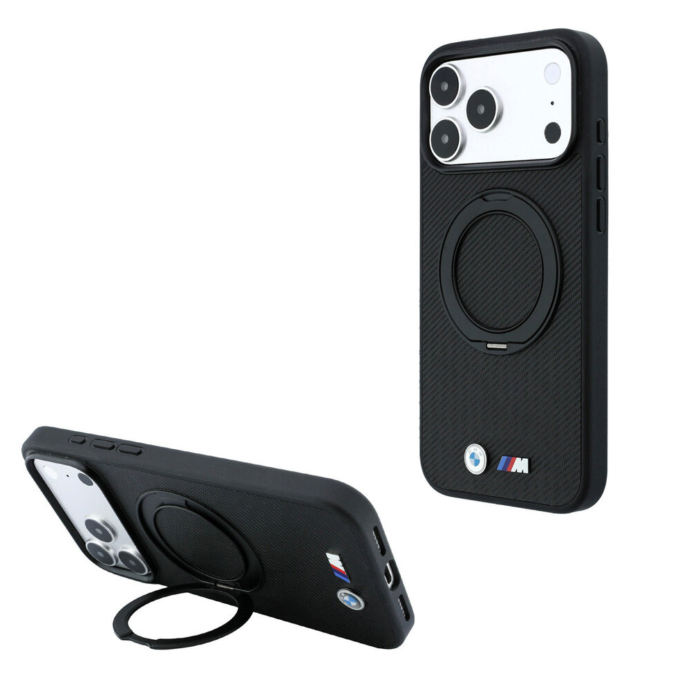 BMW BMW M iPhone 18 Pro / iPhone 17 Pro Coque de téléphone MagSafe - PU - Kevlar - coque rigide - support à anneau - logos métalliques Noir