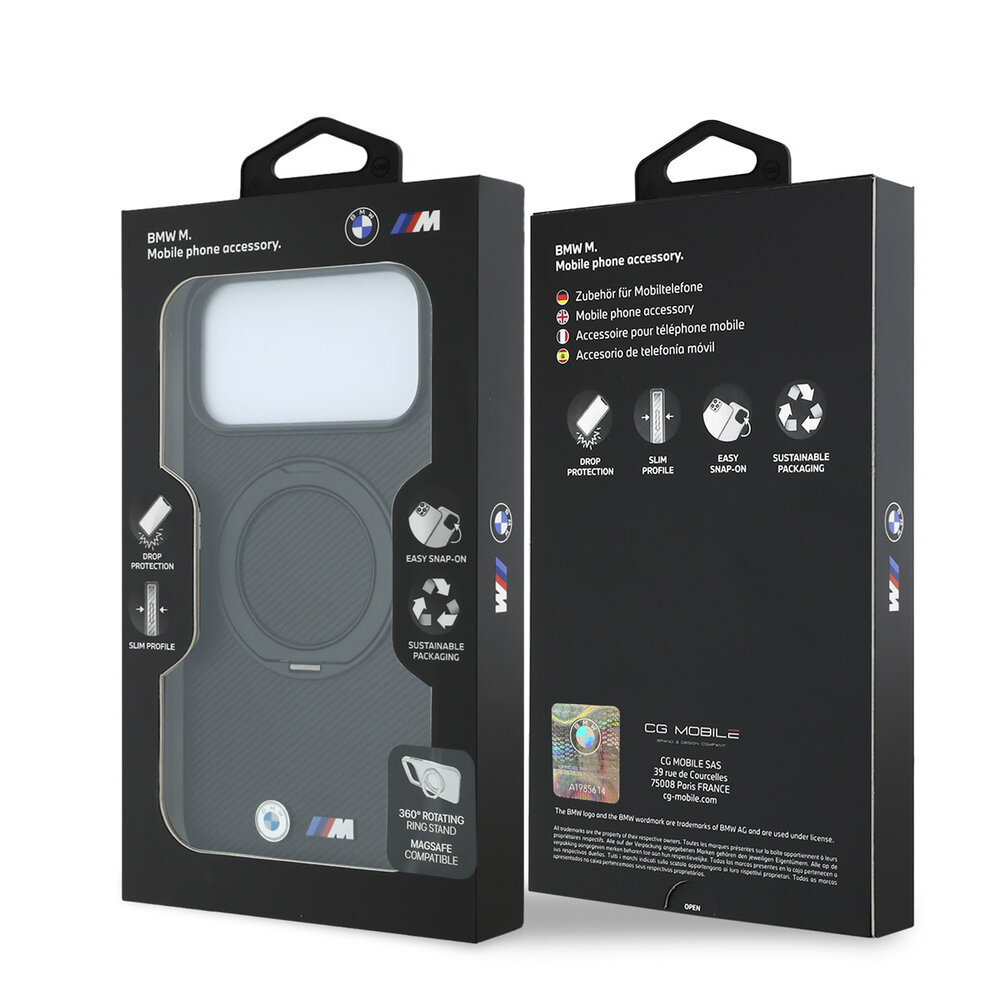 BMW BMW M iPhone 18 Pro / iPhone 17 Pro Hoesje MagSafe - PU - Kevlar - harde behuizing - ringstandaard - metalen logo’s Zwart