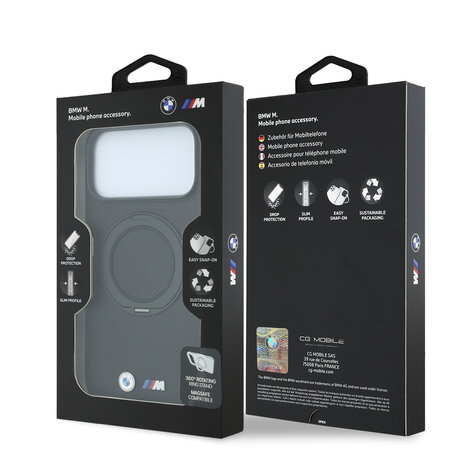 BMW BMW M iPhone 18 Pro / iPhone 17 Pro Handyhülle MagSafe - PU - Kevlar - Hartschale - Ringständer - Metalllogos Schwarz