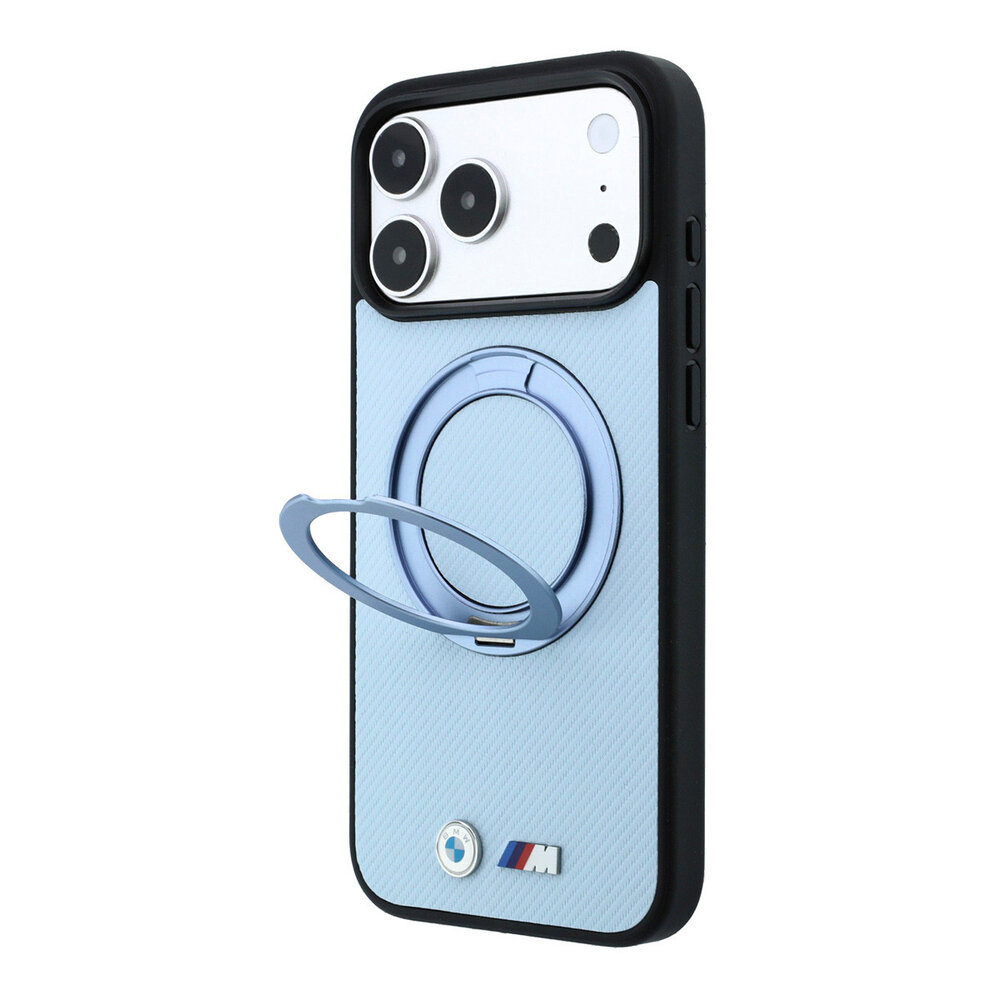 BMW BMW M iPhone 18 Pro Max / iPhone 17 Pro Max Hoesje MagSafe - PU - Kevlar - harde behuizing - ringstandaard - metalen logo’s Lichtblauw
