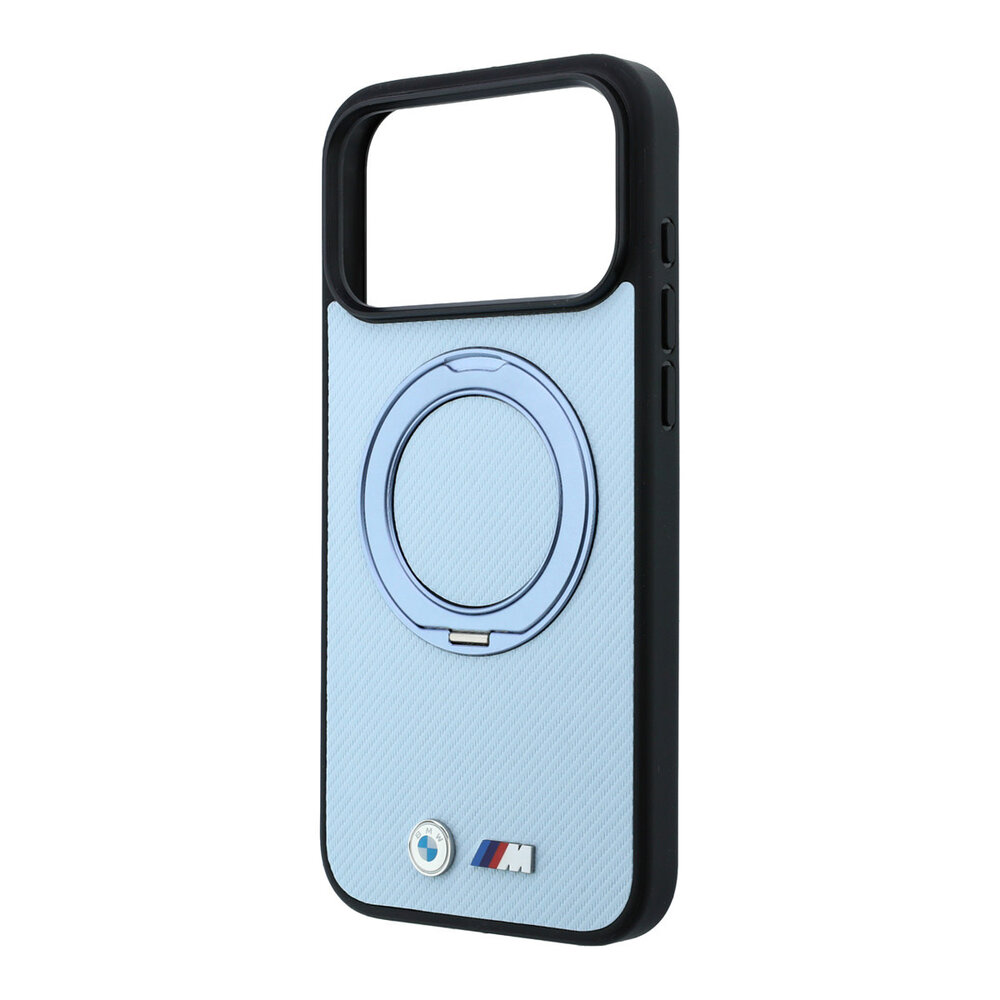 BMW BMW M iPhone 18 Pro Max / iPhone 17 Pro Max Hoesje MagSafe - PU - Kevlar - harde behuizing - ringstandaard - metalen logo’s Lichtblauw