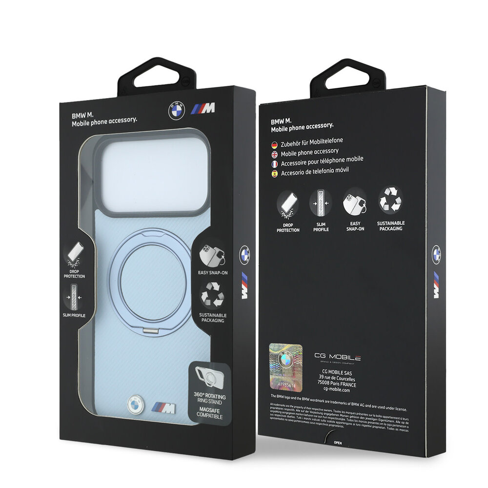 BMW BMW M iPhone 18 Pro Max / iPhone 17 Pro Max Handyhülle MagSafe - PU - Kevlar - Hartschale - Ringständer - Metalllogos Hellblau