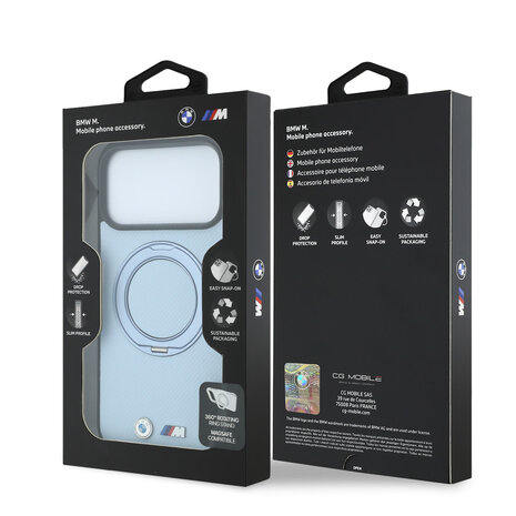 BMW BMW M iPhone 18 Pro Max / iPhone 17 Pro Max Hoesje MagSafe - PU - Kevlar - harde behuizing - ringstandaard - metalen logo’s Lichtblauw