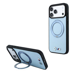 BMW BMW M iPhone 18 Pro Max / iPhone 17 Pro Max Coque de téléphone MagSafe - PU - Kevlar - coque rigide - support à anneau - logos métalliques Bleu clair