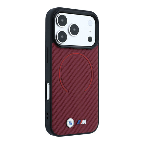 BMW BMW iPhone 18 Pro / iPhone 17 Pro Hoesje MagSafe - PU - Carbon Circle - harde behuizing - metalen logo’s Bordeauxrood