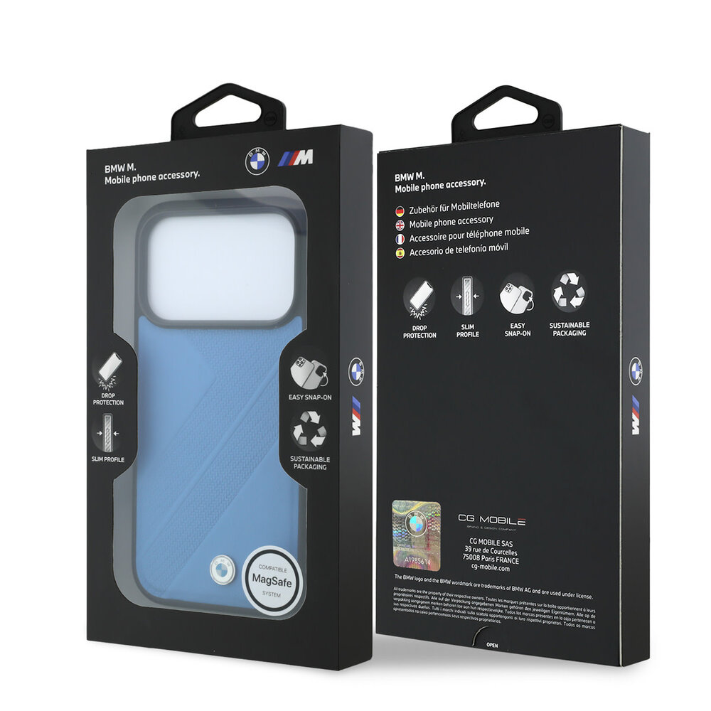 BMW BMW iPhone 18 Pro / iPhone 17 Pro Coque de téléphone MagSafe - PU - motif de bande de roulement texturé - coque rigide - logos métalliques Bleu clair BMW BMW iPhone 18 Pro / iPhone 17 Pro Coque de téléphone MagSafe - PU - motif de bande de roulement texturé - coque rigide - logos métalliques Bleu clair