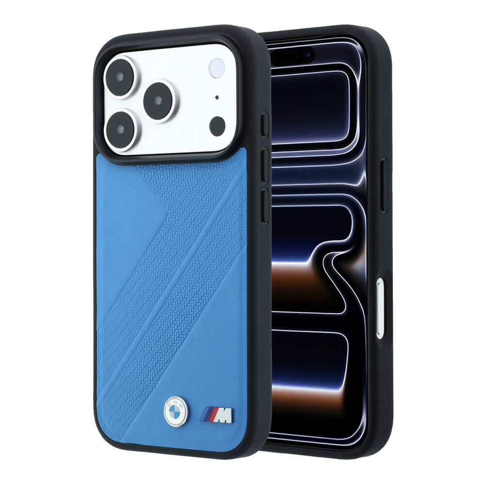 BMW BMW iPhone 18 Pro / iPhone 17 Pro Coque de téléphone MagSafe - PU - motif de bande de roulement texturé - coque rigide - logos métalliques Bleu clair BMW BMW iPhone 18 Pro / iPhone 17 Pro Coque de téléphone MagSafe - PU - motif de bande de roulement texturé - coque rigide - logos métalliques Bleu clair