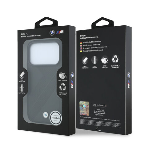 BMW BMW iPhone 18 Pro / iPhone 17 Pro Coque de téléphone MagSafe - PU - motif de bande de roulement texturé - coque rigide - logos métalliques Noir BMW BMW iPhone 18 Pro / iPhone 17 Pro Coque de téléphone MagSafe - PU - motif de bande de roulement texturé - coque rigide - logos métalliques Noir