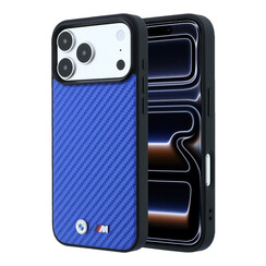 BMW iPhone 18 Pro Max/iPhone 17 Pro Max Coque rigide - MagSafe - PU - Carbon - Logos métalliques - Bleu