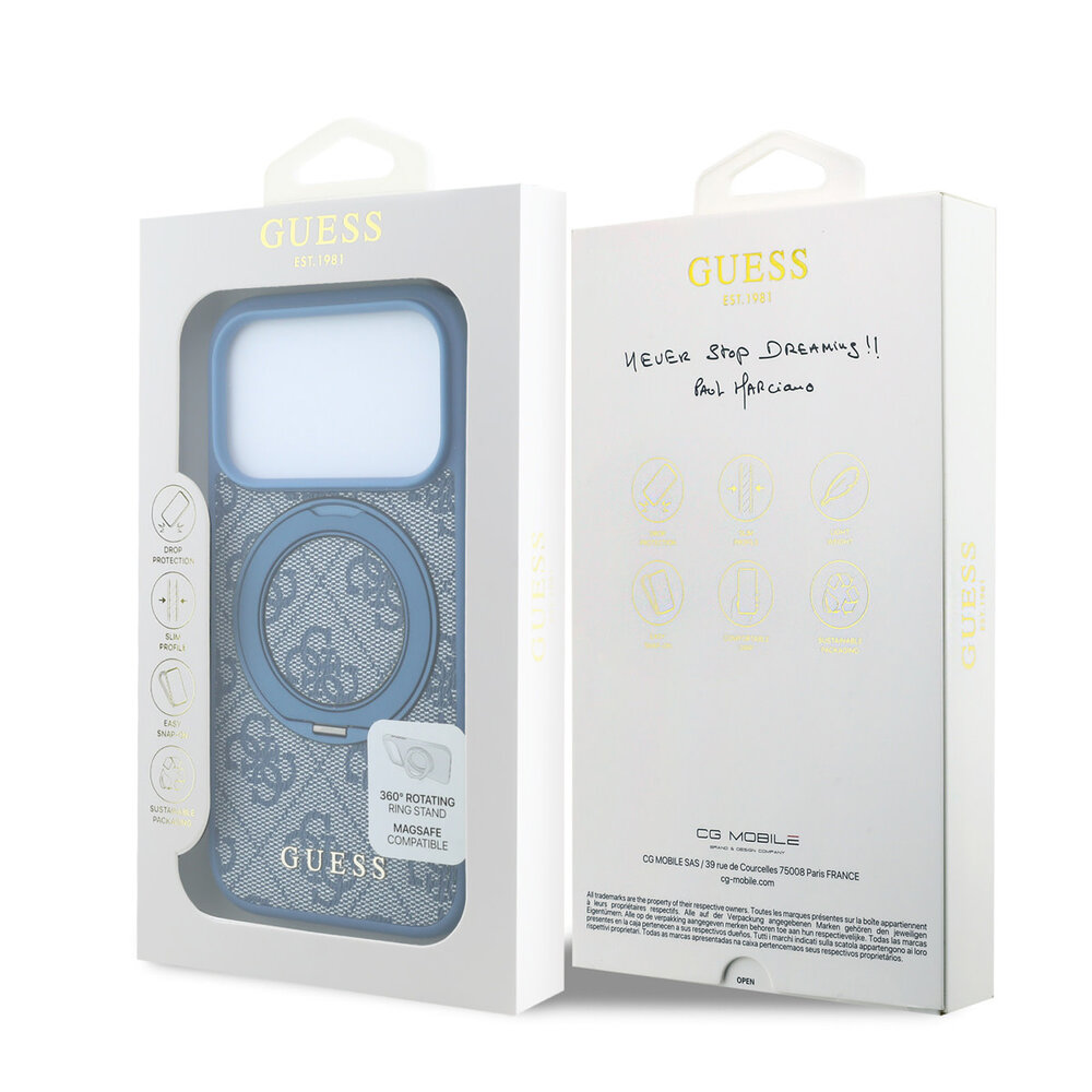 Guess Guess iPhone 18 Pro / iPhone 17 Pro Coque de téléphone MagSafe - 4G - PU - coque rigide - support à anneau - logo classique Bleu clair Guess Guess iPhone 18 Pro / iPhone 17 Pro Coque de téléphone MagSafe - 4G - PU - coque rigide - support à anneau - logo classique Bleu clair