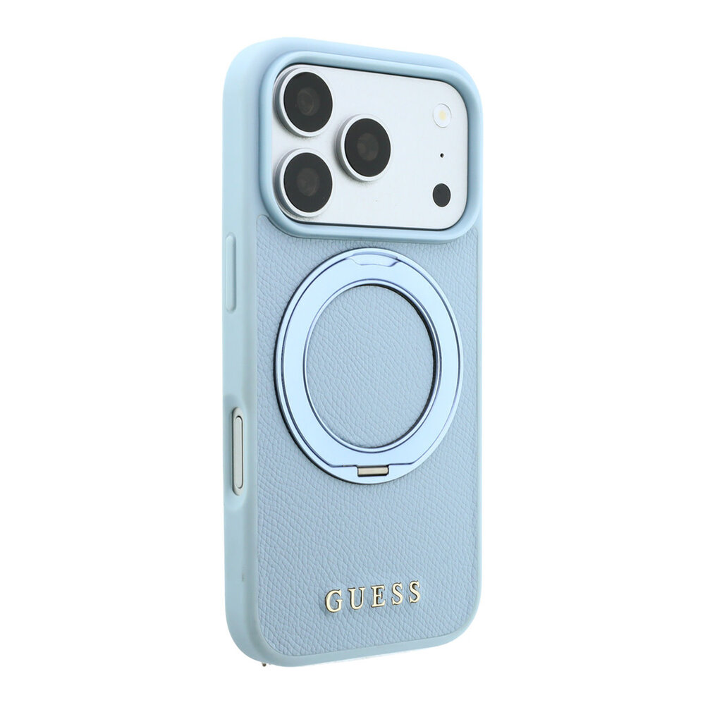 Guess Guess iPhone 18 Pro / iPhone 17 Pro Handyhülle MagSafe - genarbtes PU - Hartschale - Ringständer - klassisches Logo Hellblau Guess Guess iPhone 18 Pro / iPhone 17 Pro Handyhülle MagSafe - genarbtes PU - Hartschale - Ringständer - klassisches Logo Hellblau