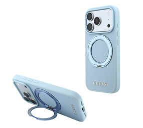 Guess Guess iPhone 18 Pro / iPhone 17 Pro Phone case MagSafe - grained PU - hard shell - ring stand - classic logo Light blue