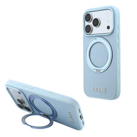 Guess Guess iPhone 18 Pro / iPhone 17 Pro Handyhülle MagSafe - genarbtes PU - Hartschale - Ringständer - klassisches Logo Hellblau Guess Guess iPhone 18 Pro / iPhone 17 Pro Handyhülle MagSafe - genarbtes PU - Hartschale - Ringständer - klassisches Logo Hellblau