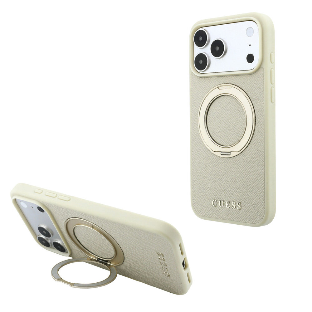 Guess Guess iPhone 18 Pro / iPhone 17 Pro Phone case MagSafe - grained PU - hard shell - ring stand - classic logo Champagne Guess Guess iPhone 18 Pro / iPhone 17 Pro Phone case MagSafe - grained PU - hard shell - ring stand - classic logo Champagne