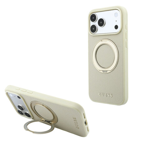 Guess Guess iPhone 18 Pro / iPhone 17 Pro Hoesje MagSafe - generfd PU - harde behuizing - ringstandaard - klassiek logo Champagne