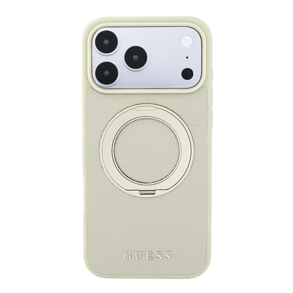 Guess Guess iPhone 18 Pro / iPhone 17 Pro Phone case MagSafe - grained PU - hard shell - ring stand - classic logo Champagne Guess Guess iPhone 18 Pro / iPhone 17 Pro Phone case MagSafe - grained PU - hard shell - ring stand - classic logo Champagne