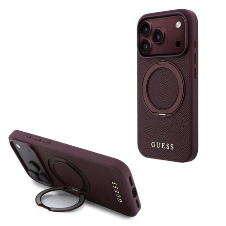 Guess Guess iPhone 18 Pro / iPhone 17 Pro Coque de téléphone MagSafe - PU grainé - coque rigide - support à anneau - logo classique Bordeaux Guess Guess iPhone 18 Pro / iPhone 17 Pro Coque de téléphone MagSafe - PU grainé - coque rigide - support à anneau - logo classique Bordeaux