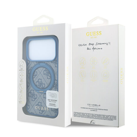 Guess Guess iPhone 18 Pro Max / iPhone 17 Pro Max Coque de téléphone MagSafe - 4G - PU - coque rigide - support à anneau - logo classique Bleu clair Guess Guess iPhone 18 Pro Max / iPhone 17 Pro Max Coque de téléphone MagSafe - 4G - PU - coque rigide - support à anneau - logo classique Bleu clair