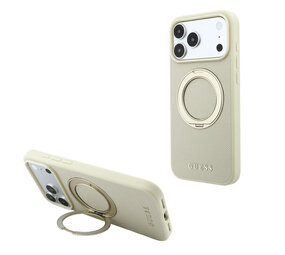 Guess Guess iPhone 18 Pro Max / iPhone 17 Pro Max Hoesje MagSafe - generfd PU - harde behuizing - ringstandaard - klassiek logo Champagne