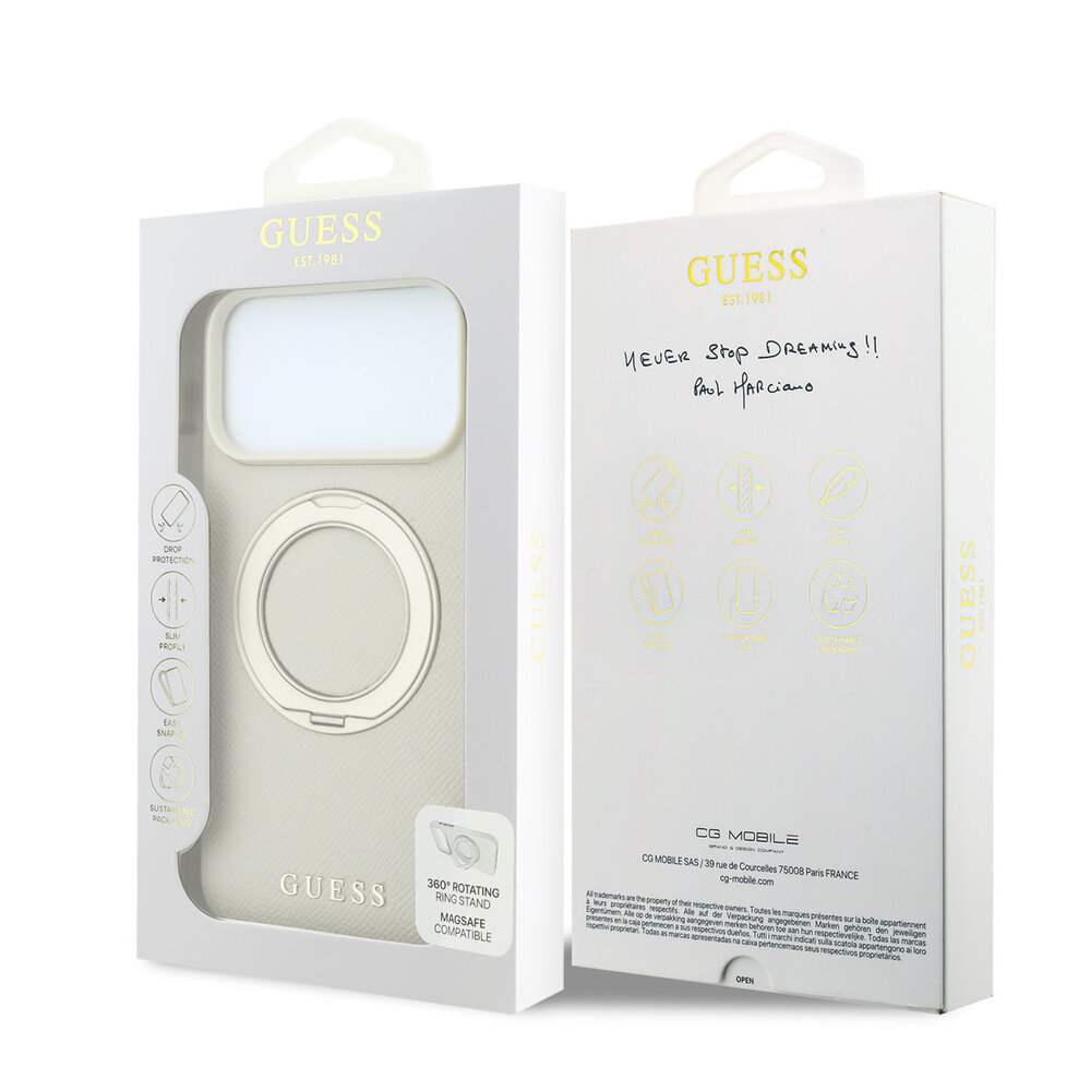 Guess Guess iPhone 18 Pro Max / iPhone 17 Pro Max Hoesje MagSafe - generfd PU - harde behuizing - ringstandaard - klassiek logo Champagne Guess Guess iPhone 18 Pro Max / iPhone 17 Pro Max Hoesje MagSafe - generfd PU - harde behuizing - ringstandaard - klassiek logo Champagne