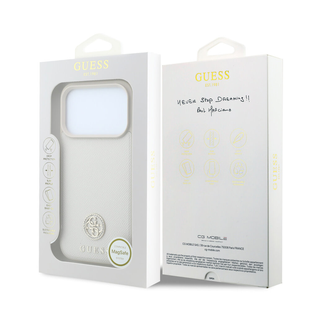 Guess Guess iPhone 18 Pro / iPhone 17 Pro Phone case MagSafe - grained PU - hard shell - round rhinestone logo Beige Guess Guess iPhone 18 Pro / iPhone 17 Pro Phone case MagSafe - grained PU - hard shell - round rhinestone logo Beige