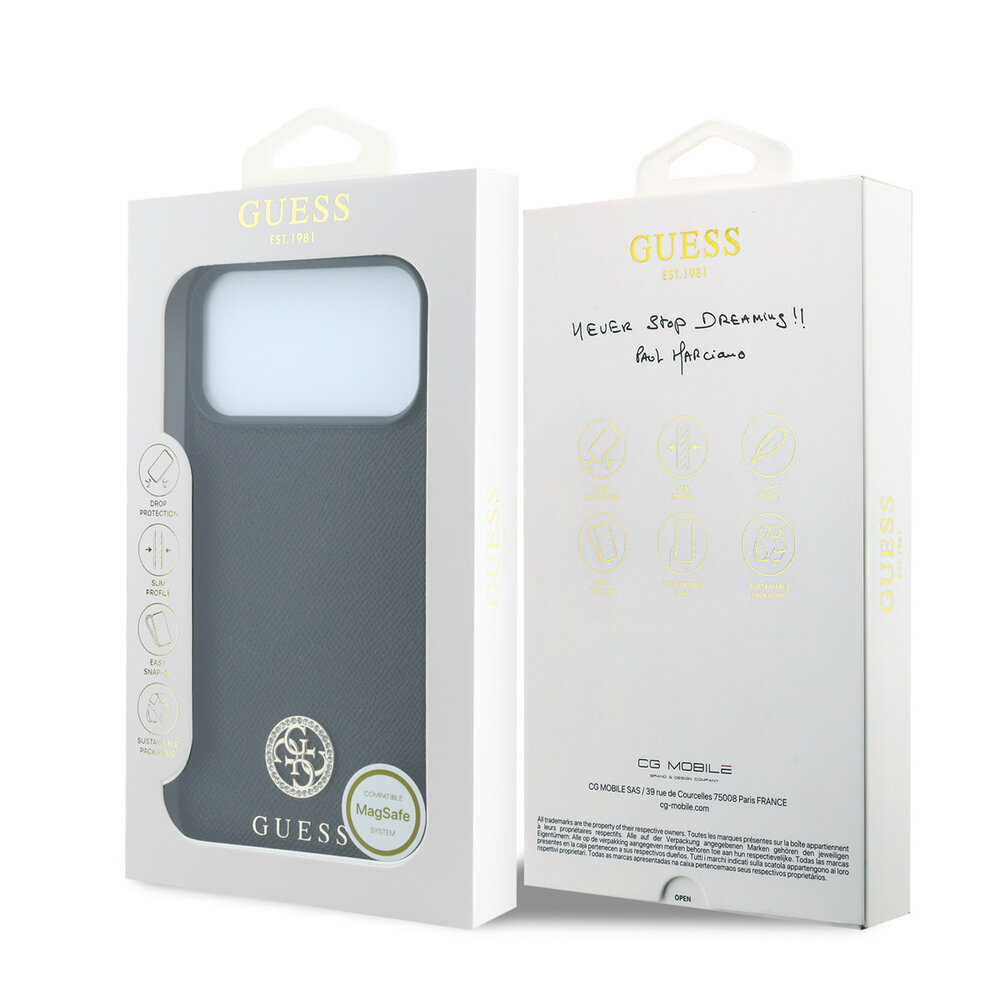 Guess Guess iPhone 18 Pro / iPhone 17 Pro Phone case MagSafe - grained PU - hard shell - round rhinestone logo Black Guess Guess iPhone 18 Pro / iPhone 17 Pro Phone case MagSafe - grained PU - hard shell - round rhinestone logo Black