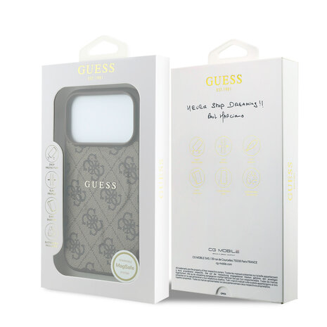 Guess Guess iPhone 18 Pro / iPhone 17 Pro Coque de téléphone MagSafe - détails en relief - 4G - PU - coque rigide - logo classique Marron Guess Guess iPhone 18 Pro / iPhone 17 Pro Coque de téléphone MagSafe - détails en relief - 4G - PU - coque rigide - logo classique Marron