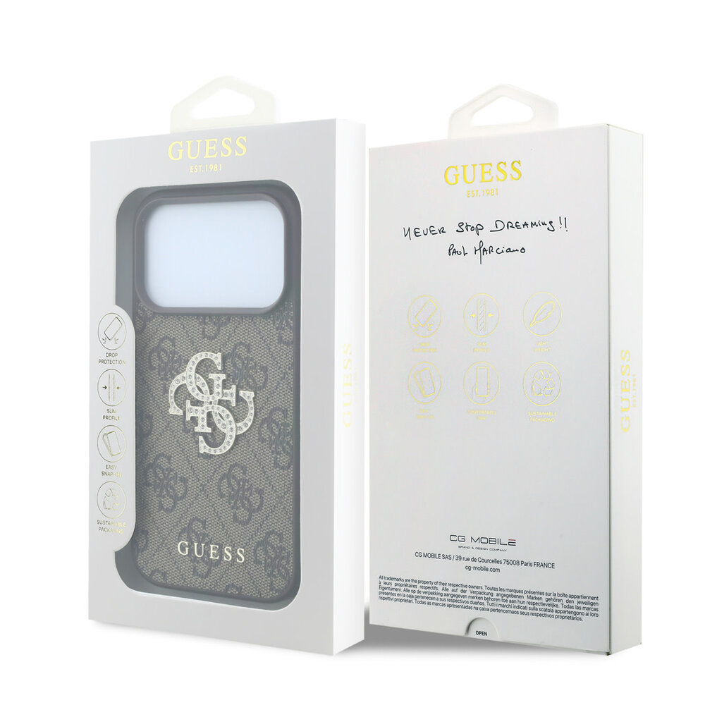Guess Guess iPhone 18 Pro / iPhone 17 Pro Hoesje 4G - PU - harde behuizing - groot strasslogo Bruin