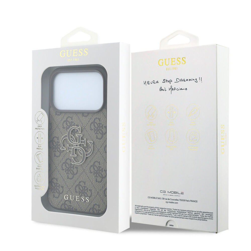Guess Guess iPhone 18 Pro / iPhone 17 Pro Handyhülle 4G - PU - Hartschale - großes Harzlogo Braun Guess Guess iPhone 18 Pro / iPhone 17 Pro Handyhülle 4G - PU - Hartschale - großes Harzlogo Braun