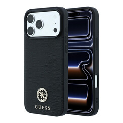 Guess iPhone 18 Pro Max/iPhone 17 Pro Max Coque rigide - MagSafe - PU grainé - Logo rond en strass - Noir