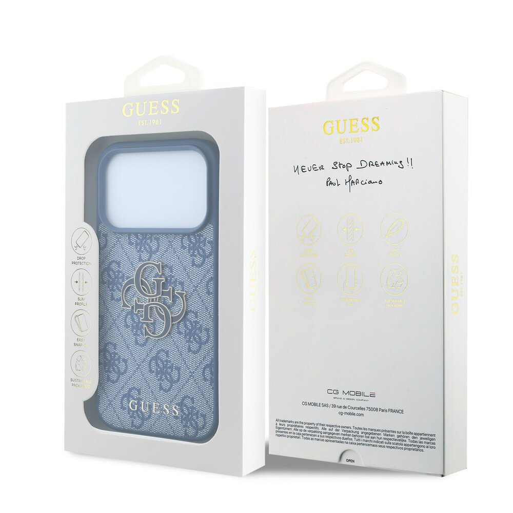 Guess Guess iPhone 18 Pro Max / iPhone 17 Pro Max Hoesje 4G - PU - harde behuizing - groot logo van hars Blauw Guess Guess iPhone 18 Pro Max / iPhone 17 Pro Max Hoesje 4G - PU - harde behuizing - groot logo van hars Blauw