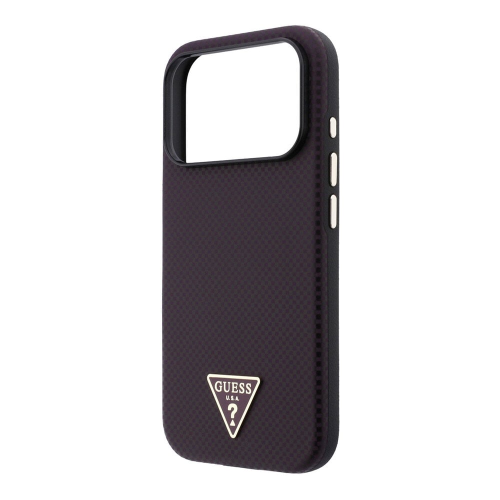 Guess Guess iPhone 18 Pro/17 Pro Hardcase MagSafe PU Kevlar met driehoekig logo - Zwart/Bordeaux Guess Guess iPhone 18 Pro/17 Pro Hardcase MagSafe PU Kevlar met driehoekig logo - Zwart/Bordeaux