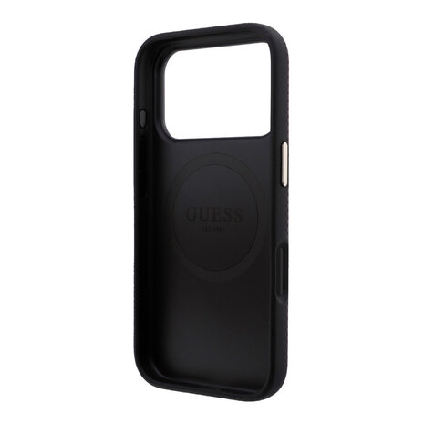 Guess Guess iPhone 18 Pro/17 Pro Hardcase MagSafe PU Kevlar met driehoekig logo - Zwart/Bordeaux Guess Guess iPhone 18 Pro/17 Pro Hardcase MagSafe PU Kevlar met driehoekig logo - Zwart/Bordeaux