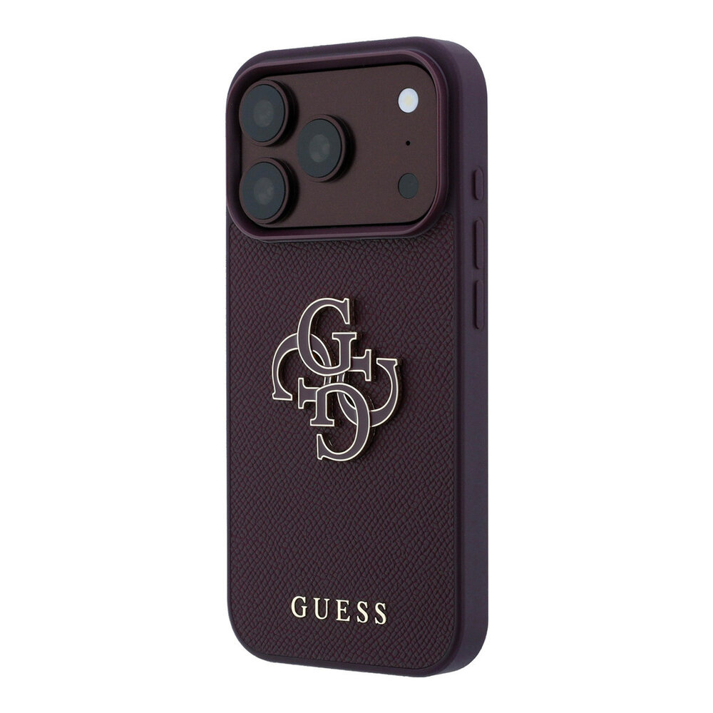Guess Guess iPhone 18 Pro/17 Pro Hardcase Generfd PU met groot harslogo - Bordeaux Guess Guess iPhone 18 Pro/17 Pro Hardcase Generfd PU met groot harslogo - Bordeaux