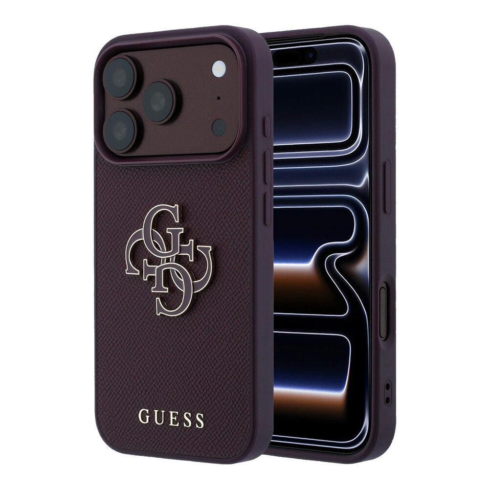 Guess Guess iPhone 18 Pro/17 Pro Hardcase Generfd PU met groot harslogo - Bordeaux Guess Guess iPhone 18 Pro/17 Pro Hardcase Generfd PU met groot harslogo - Bordeaux