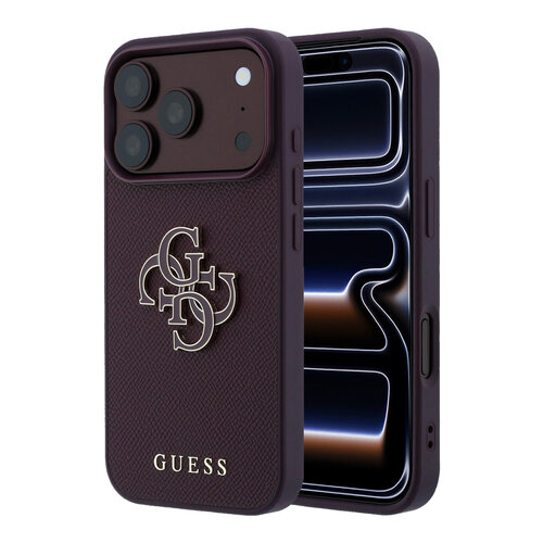 Guess Guess iPhone 18 Pro/17 Pro Coque rigide PU grainé avec grand logo en résine - Bordeaux