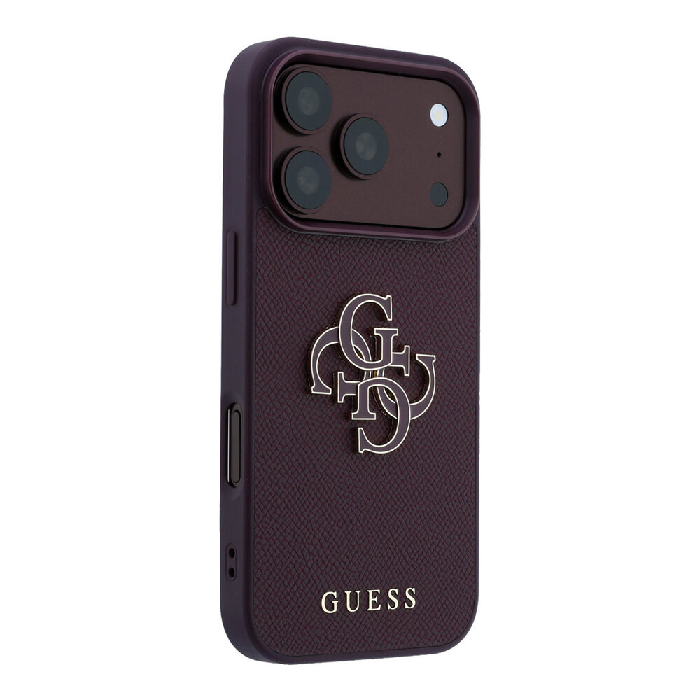 Guess Guess iPhone 18 Pro/17 Pro Hardcase Generfd PU met groot harslogo - Bordeaux Guess Guess iPhone 18 Pro/17 Pro Hardcase Generfd PU met groot harslogo - Bordeaux