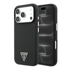 Guess iPhone 18 Pro/iPhone 17 Pro Coque rigide - MagSafe - PU - Kevlar - Logo triangulaire - Noir