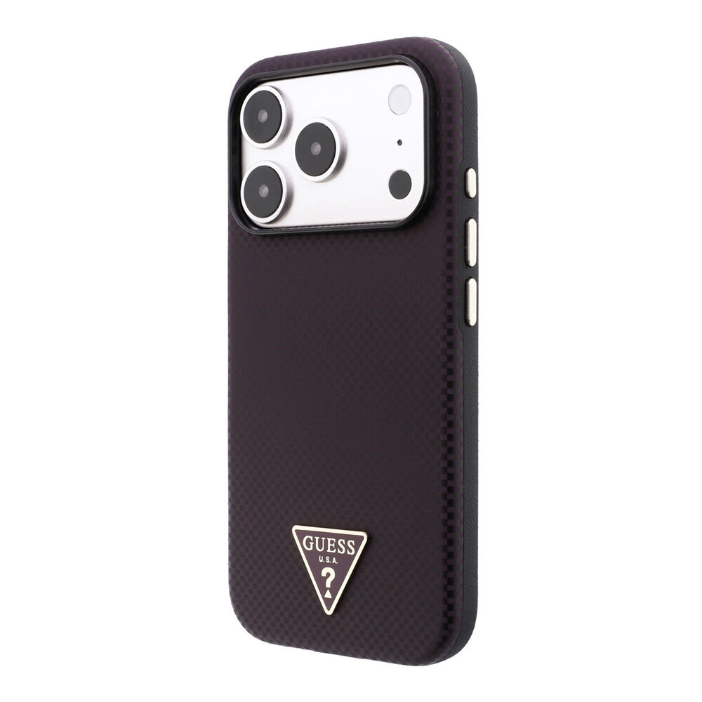 Guess Guess iPhone 18 Pro Max/17 Pro Max Hardcase MagSafe PU Kevlar met driehoekig logo - Bordeaux/Zwart Guess Guess iPhone 18 Pro Max/17 Pro Max Hardcase MagSafe PU Kevlar met driehoekig logo - Bordeaux/Zwart