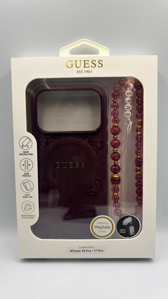 Guess Guess iPhone 18 Pro/17 Pro Hardcase MagSafe Saffiano met pioenroos, ringstandaard en parelkoord - Bordeaux Guess Guess iPhone 18 Pro/17 Pro Hardcase MagSafe Saffiano met pioenroos, ringstandaard en parelkoord - Bordeaux