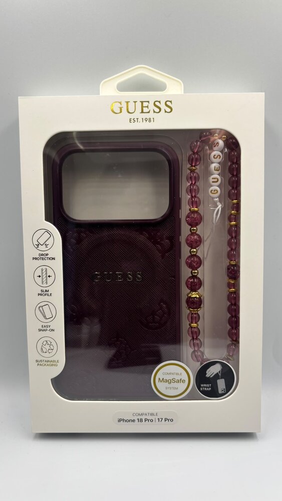 Guess Guess iPhone 18 Pro Max/17 Pro Max Hardcase MagSafe Saffiano met pioenroos, ringstandaard en parelkoord - Bordeaux Guess Guess iPhone 18 Pro Max/17 Pro Max Hardcase MagSafe Saffiano met pioenroos, ringstandaard en parelkoord - Bordeaux