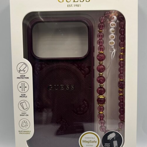 Guess Guess iPhone 18 Pro Max/17 Pro Max Handyhülle MagSafe Saffiano mit Pfingstrose, Ringständer und Perlenband - Bordeaux